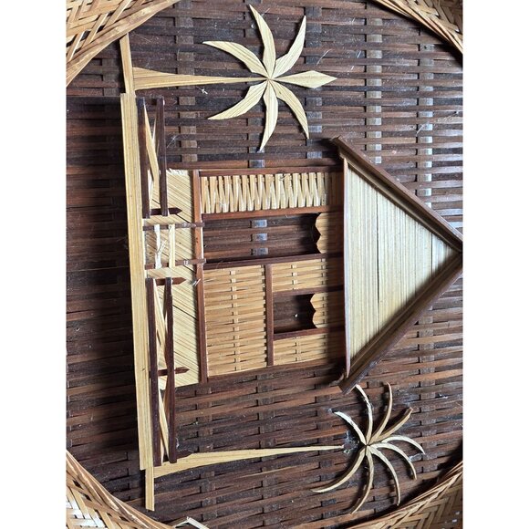 Set Of 3 Handcrafted Bamboo & Rattan Wall Decor Tropical Hut & Palm Tree Design - Picture 7 of 13